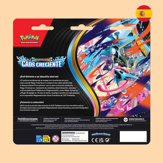 Vista trasera Blister de 3 pack en español Caos Creciente - Pokémon TCG