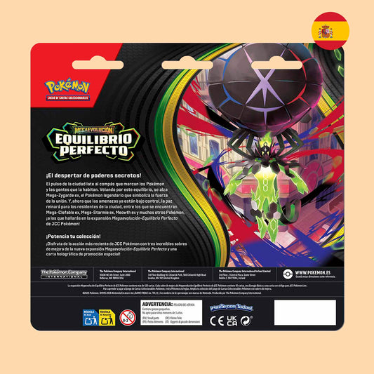 Vista trasera Equilibrio Perfecto Blister de 3 sobres con carta de Chikorita en español - Pokémon TCG